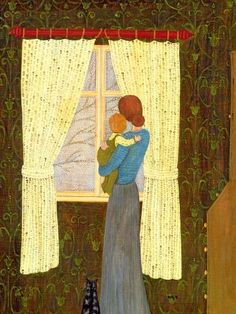 a painting of a woman holding a child in front of a window with the curtains open