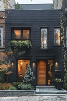 Home Manifestation, Dark House, Exterior Paint Color, Black Brick, Narrow House, Brick Exterior House, Paint Color Ideas