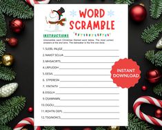 a christmas word scramble with candy canes and ornaments around it