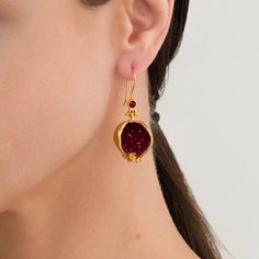 Pomegranate Design Earrings, Pomegranate Jewelry, Handmade Design Jewelry, Turkish Handmade Jewelry, Turkish Jewelry, Hook Earring - Etsy Ruby Earrings In Yellow Gold For Gift, Ruby Yellow Gold Earrings For Gift, Yellow Gold Ruby Earrings For Gift, Gold Faceted Ruby Earrings, Brass Earrings With Natural Stones, Brass Earrings With Natural Stones For Gift, Natural Stone Brass Earrings For Gift, Traditional Faceted Jewelry For Gifts, Gold Garnet Teardrop Earrings