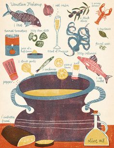 an illustration of a pot filled with food and other things to eat on the table