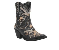 Durable Leather upper, Pull on entry with pull straps, Approx 2 1/2 inch heel height, Almond toe shape, Hinged insole construction for flexibility, Garman outsole, Embroidered details for added fashion | Women's Dingo Boot Primrose Cowboy Boot in Black Size 8.5 Medium Cowboy Boots Black, Dingo Boots, Flowers In Her Hair, Western Boots Women, Cowboy Boots Women, Shoe Carnival, Embroidered Details, Cowboy Boot, 2 Inch Heels