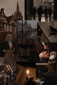 a collage of photos with people, books and candles in the middle one is holding a candle