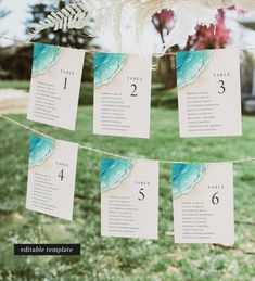 wedding seating cards hanging from a line in the grass