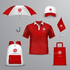 a red and white shirt with an umbrella, bag and other items on the grey background