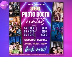 the photo booth rental flyer is displayed on a purple and blue background with photoshopped images