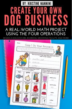 a book with the title create your own dog business on it, next to a pencil and