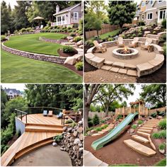 several pictures of a backyard with steps, fire pit and decking area in the middle