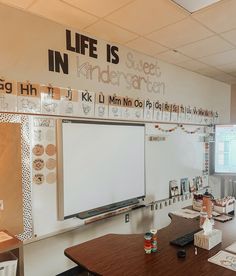 a classroom with desks, whiteboards and pictures on the wall above them that say life is in independent