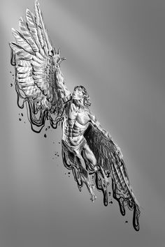 an artistic drawing of a man with wings flying through the air