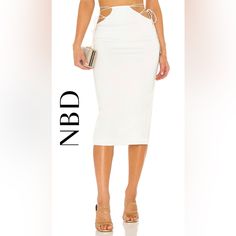 Revolve Nbd Sydnee Midi Skirt In Ivory White Midi Party Bottoms, White Midi Length Party Bottoms, White Midi Skirt For Night Out, Fitted White Midi Skirt, White Fitted Midi Length Bottoms, White Lace Skirt, Sparkle Skirt, Peach Blush, Leather Midi Skirt