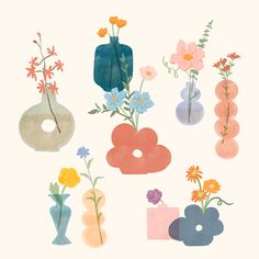 an assortment of vases with flowers in them on a white background, including pink and blue ones