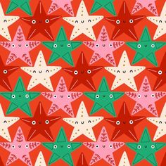 a red background with green and pink stars