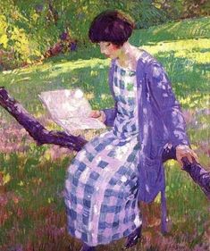 a painting of a woman sitting in the grass