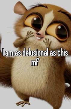 a cartoon squirrel with big eyes saying i am as delusional as this mf