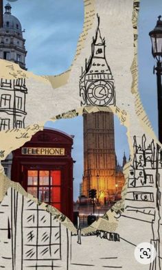 a collage of the big ben clock tower and telephone booth in london, england