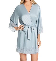 From GINIA's washable silk collection, this elegant short robe is cut on the bias for a sophisticated, lovely drape. Made from woven viscose rayon and silk. Front wraps over for modesty. Self belt runs through loops at sides and ties at front. Exquisite, tall hand-cut floral lace trims 3/4 length sleeves and hem. Internal ties keep the robe securely closed. Woven satin has a shine that is unmistakable. Lightweight, perfect any time of year for lounging in luxury. GINIA Women's Juniper Silk Robe Bride Robe Lace, Short Gown Dress, Wedding Party Robes, Silk Bathrobe, Silk Bridesmaid Robes, Satin Dressing Gown, Short Kimono Robe, Kimono Robes, Bridal Party Robes