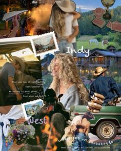 a collage of photos with people and animals in the background, including an old truck