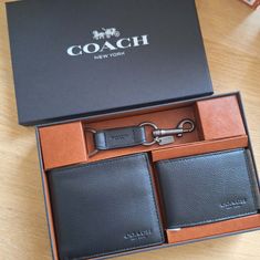 New Coach Men's Compact Id Black Leather Wallet With Key Fob In Gift Box. Sport Calf Leather Eight Credit Card Slots Full-Length Bill Compartments Removable Insert With Id Window And Two Credit Card Slots 4 1/4" (L) X 3 3/4" (H) X 3/4" (W) Trigger Snap Key Fob Included Packaged In A Coach Gift Box Coach Leather Wallets For Business, Wallet Aesthetic Men, Coach Wallet Men, Box Sport, Mens Card Wallet, Leather Wallet Men, Men Wallet, Coach Gift, Mens Wallet