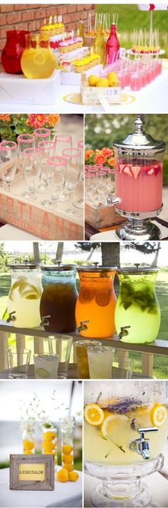 several different shots of lemonade and drinks on a table with flowers in vases