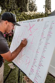 a man writing on a white board in front of some bushes and trees with pink lines