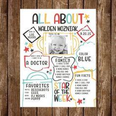 a poster with the words all about children's favorite things on it, and an image of a baby