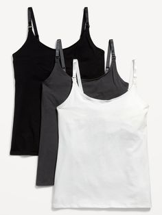 Set includes 3 nursing cami tops.  Adjustable spaghetti straps, with detachable clips for easy, convenient nursing.  Scoop neck.  Built-in shelf-bra with banded-elastic hem provides extra comfort and support.  Soft-washed, lightweight cotton jersey, Supportive Tank Top With Adjustable Straps, Supportive Sleeveless Tank Top With Adjustable Straps, White Nursing Bra With Adjustable Straps, Summer Fitted Nursing Bra With Adjustable Straps, Summer Nursing Bra With Adjustable Straps, Stretch Camisole Nursing Bra With Adjustable Straps, Stretch Nursing Bra With Spaghetti Straps, White Stretch Nursing Bra With Adjustable Straps, Fitted Nursing Bra With Built-in Camisole