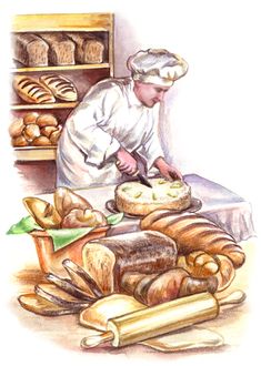 a drawing of a baker in front of breads and pastries on the table