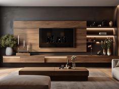 a modern living room with wood paneling and black walls