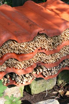 a close up of a brick structure with rocks and plants in the back ground behind it