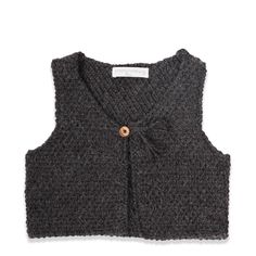 a black sweater vest with a button on the front and an open knitted back