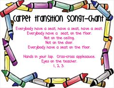 a colorful frame with crayons and words describing the poem carpet transition song - chart