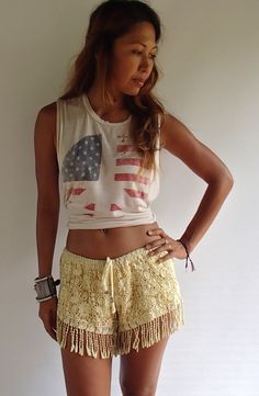 Lace Fringe Short/Boho Short 4 colors, Black,Beige,White,Yellow one size Short Boho, Cream Shorts, Short Fringe, Boho Lace, Lace Short, Yellow Shorts, Short Waist, Summer Shorts, Festival Fashion