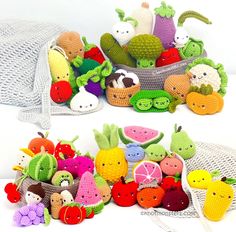 crocheted fruits and vegetables are sitting in baskets