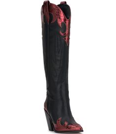 From Jessica Simpson&#x2C; the Rhetta Flame Western Tall Boots feature:Faux leather upperWestern inspired detailingPull on design with partial side zipper closureFabric liningRubber outsoleApprox. 14.5" shaft heightApprox. 15.35" shaft circumferenceApprox. 3.5" heel heightImported. Flame Cowboy Boots, Western Cowboy Boots, On Design, Dillard's, Tall Boots, Western Boots, Boot Shoes Women, Jessica Simpson, Cowboy Boots