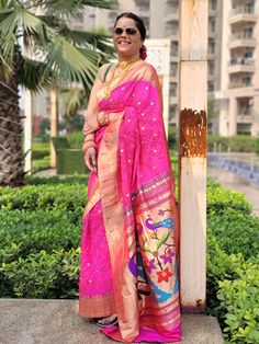 This is pure silk handloom Paithani with muniya border and peacock pallu. The bright rani pink color with pure zari border and gorgeous pallu adds extra royalness in it. Multicolor Saree With Peacock Design, Multicolor Peacock Design Saree, Pink Paithani Silk Traditional Wear Handloom, Bollywood Saree With Peacock Design For Festivals, Chanderi Saree With Peacock Design For Puja, Multicolor Art Silk Saree With Peacock Design, Bollywood Style Multicolor Saree With Peacock Design, Pink Meenakari Saree For Diwali, Pink Paithani Silk Handloom Dupatta