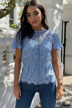 Fisdy - Contrast Lace Petal Sleeve Crew Neck T-shirt with a Touch of Elegance Lace Crochet Top, Sleeveless Kimono, Sky Blue Dress, Crochet Lace Top, Nature Dress, Petal Sleeve, Lace Crochet, Sleeve Detail, Club Dresses