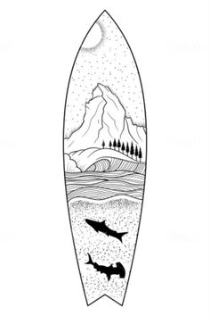 a drawing of a surfboard with mountains and trees in the background, as well as two dolphins