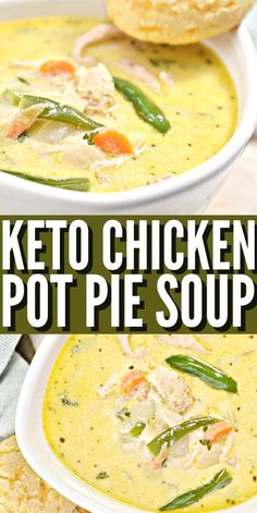 keto chicken pot pie soup in white bowls with text overlay that reads keto chicken pot pie soup