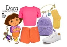 a cartoon character is wearing orange shorts and a pink t - shirt, while she's holding a purple backpack