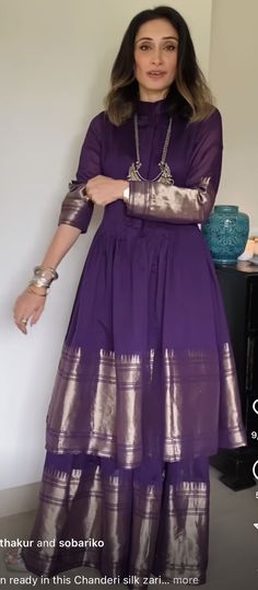 Kanjivaram Suit Designs, Anarkali Dress Design From Saree, Sangeet Wear Women, Braso Saree Dress Design Ideas, Old Gown Reuse Ideas, Suits From Old Sarees Indian Fashion, Saree Ke Dress Design, Dress With Saree Material, Saree To Anarkali Dress