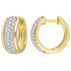 Nickel free 14mm x 6mm Backings: click-it Total weight: 1/2 ct. Plating: 18k gold flash plated Stone type: lab-created moissanite  Grace 18K Gold Over Silver 1/2 Carat T.W Lab-Created Moissanite Triple Row Hoop Earrings Linen Short, Wedding Night, 2 Carat, Earring Sale, Love Is All, 18k Gold, Hoop Earrings, Plating, Stone