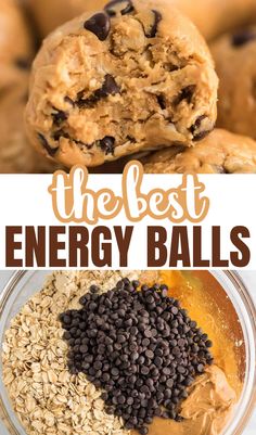 the best energy balls recipe with chocolate chips, oats and peanut butter on top