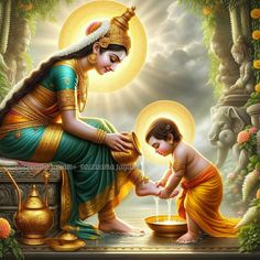 a painting of a mother and child pouring water from a bowl to each other in front of a temple