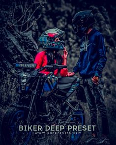 two people standing next to each other on a motorcycle with the caption biker deep preset