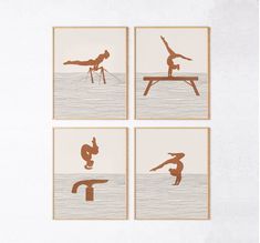 four framed photographs of woman doing gymnastics on a bench in the water, with one standing on a balance beam