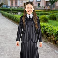 ✨Unleash your inner goth with this Wednesday Addams costume. This authentic set includes everything you need to channel the iconic character - a uniform, vest, shirt, tie, and long skirt. The costume is made from high-quality materials designed to last so that you can wear it repeatedly. The uniform features a classic "Nevermore Academy" design with a front button closure, while the vest adds texture and depth to the overall look. Nevermore Academy Uniform, Academy Uniform, Academy Uniforms, Girl Halloween Costume, Girl Halloween