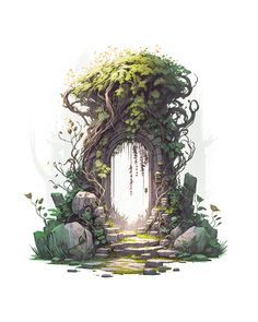 an illustration of a doorway in the middle of a forest with plants growing out of it