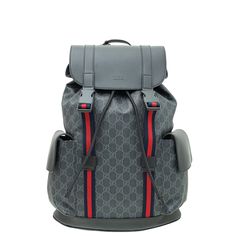 Material: Black GG Supreme Canvas with Black Leather Trim, Black Mesh and Blue/Red Web Hardware: Silver Features: Pockets: 2 Card Slots, Interior Laptop Pocket, 2 Exterior Side Flap Pocket with Magnetic Snap Closure Bag style: Backpack Closure type: Flap with Buckle Closure and Drawstring Closure Underneath Serial Number / Stamp / Date Code: 495563 - 213048 Measurement in inches: W x D x H Inclusions: Wrong Box Condition: Used in excellent condition – 8 out of 10 Exterior: excellent condition, w Luxury Black Leather Backpack In Coated Canvas, Luxury Black Backpack With Detachable Strap, Luxury Black Leather-coated Canvas Backpack, Luxury Black Coated Canvas Leather Backpack, Luxury Black Backpack With Leather Backing, Designer Black Leather Backpack With Adjustable Strap, Designer Backpack With Leather Trim For Daily Use, Black Coated Canvas Backpack With Leather Trim, Designer Black Leather Travel Backpack