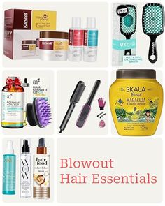 various beauty products are arranged in a collage with the words blowout hair essentials